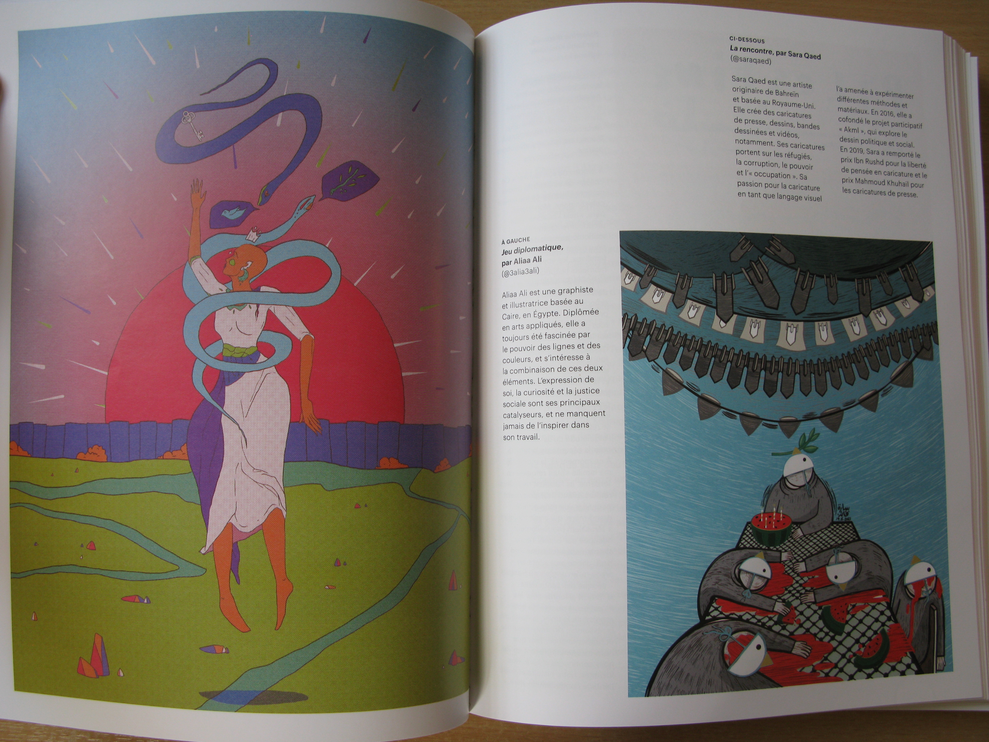 An open double page from the book Ce que la Palestine apporte au monde, featuring two artworks by Palestinian artists.