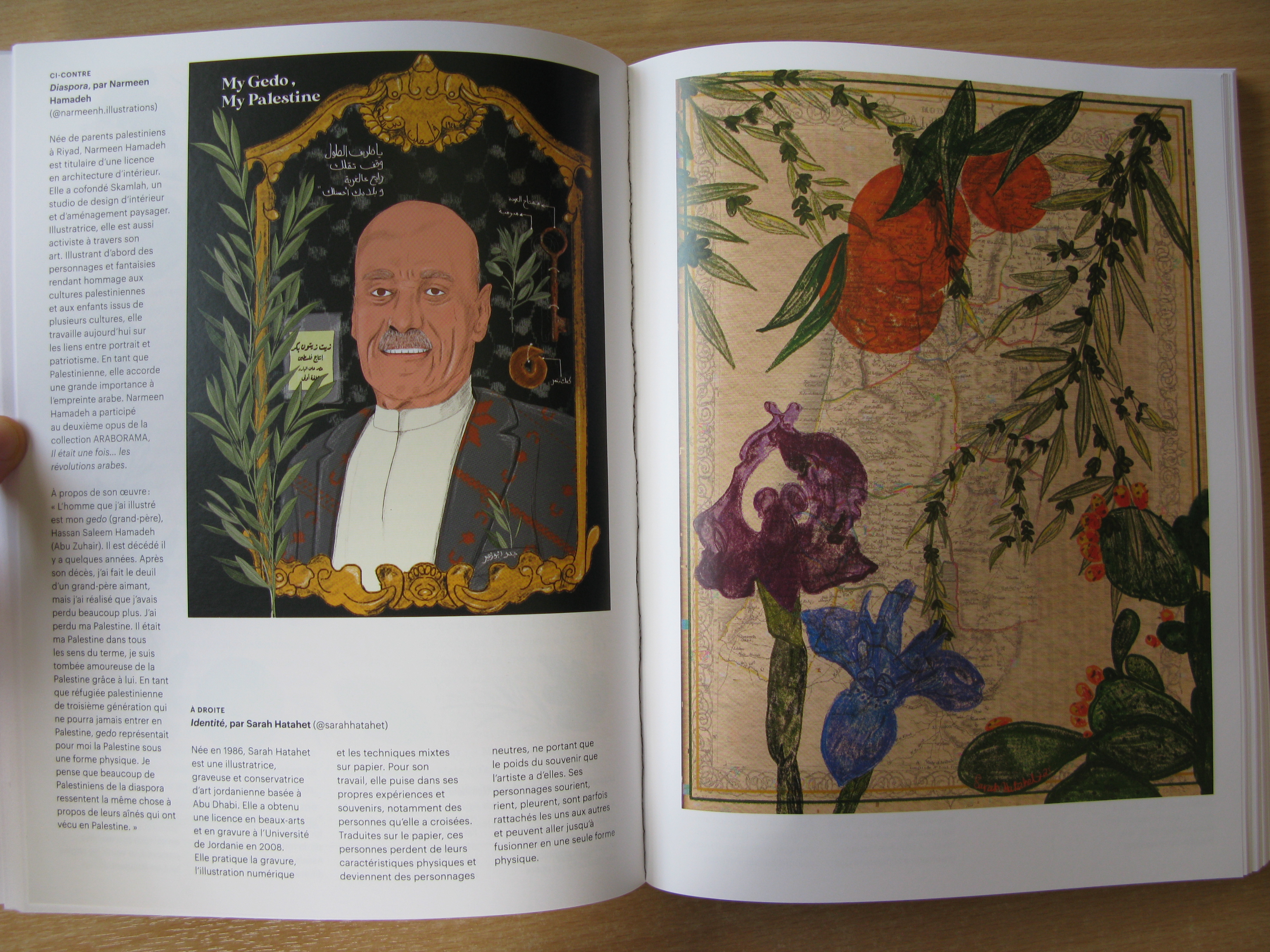 An open double page form the book Ce que la Palestine apporte au monde, with two artworks by Palestinian artists