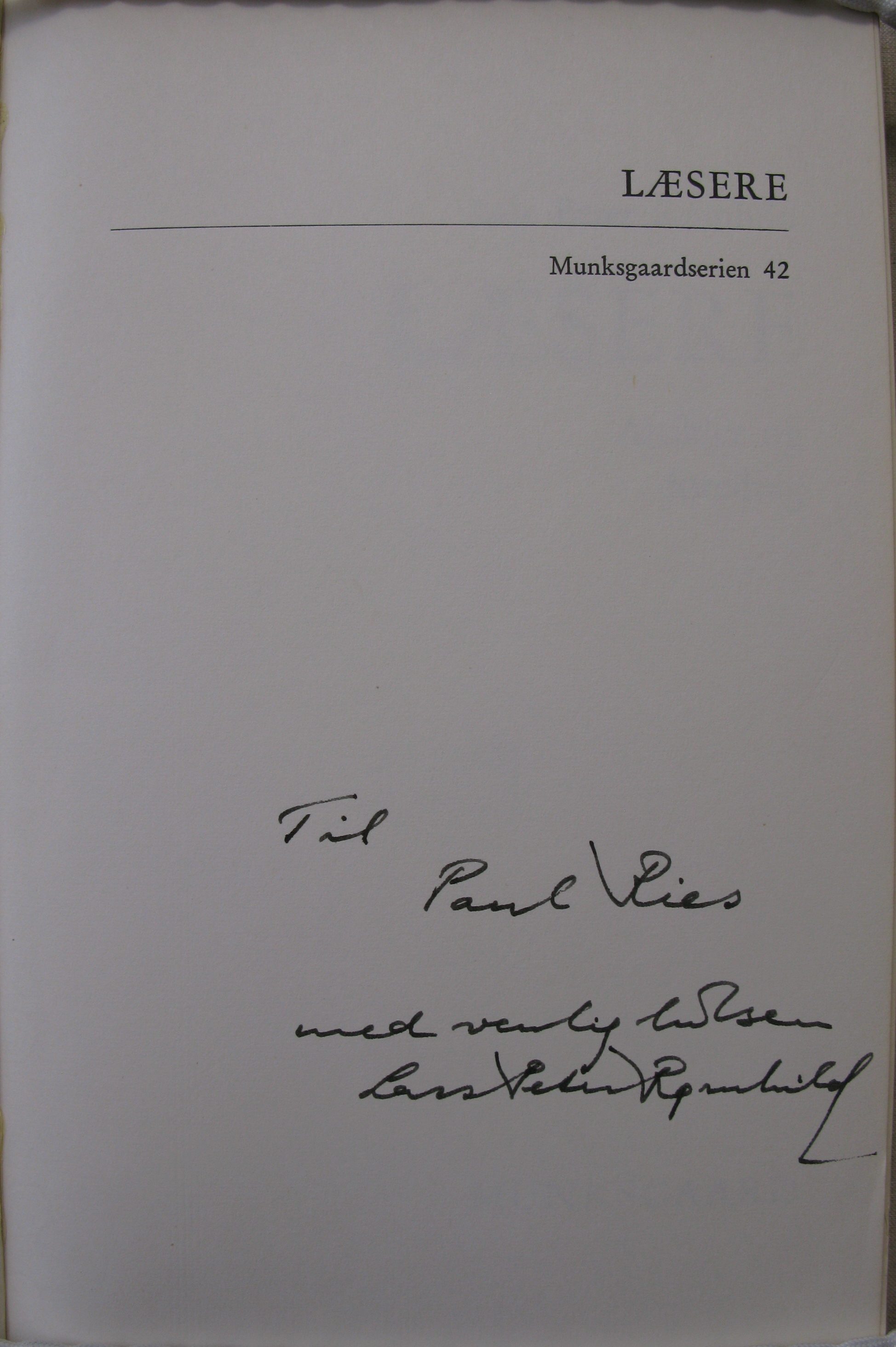 Dedication of Lars Peter Rømhild to Dr Paul Ries on a page of Laesere : artikler og foredrag